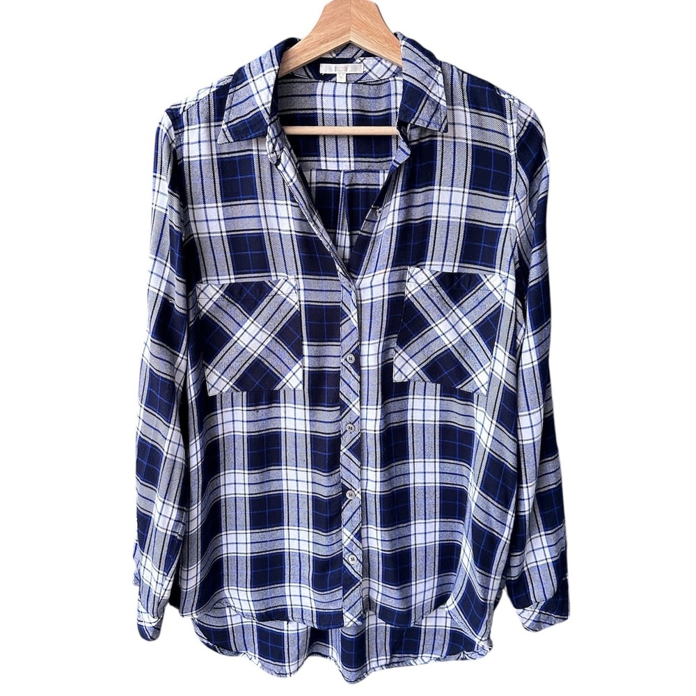 LAJU Plaid Button Down Shirt Women's Size Medium Roll Tab Sleeve